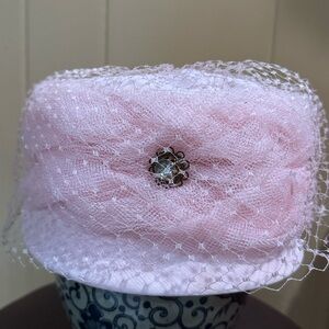 Vintage Pink Net Veil Pillbox Hat with Rhinestone Brooch Accent